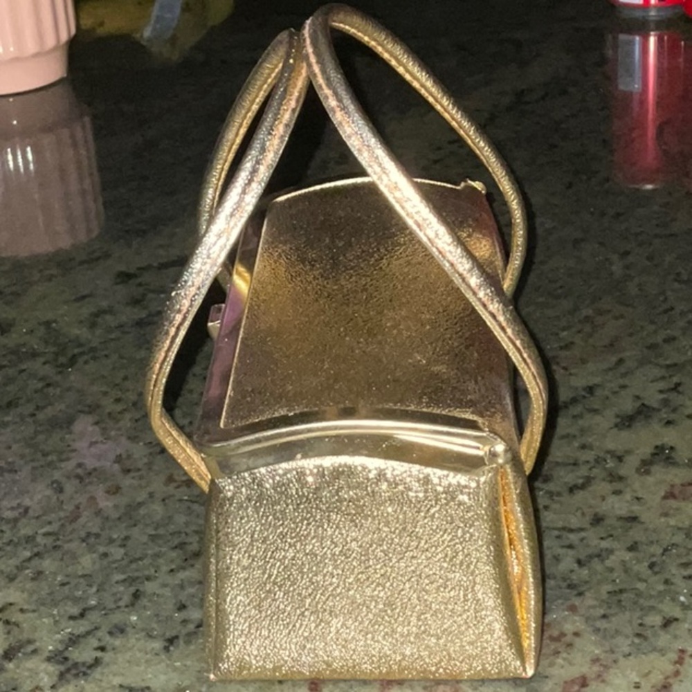 Gold Tone Lame’ Exterior Handbag Double Handle Vintage Black Interior 60s Small - Picture 5 of 13